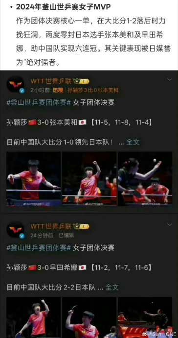 孙颖莎连斩日本两将助中国队逆转夺冠